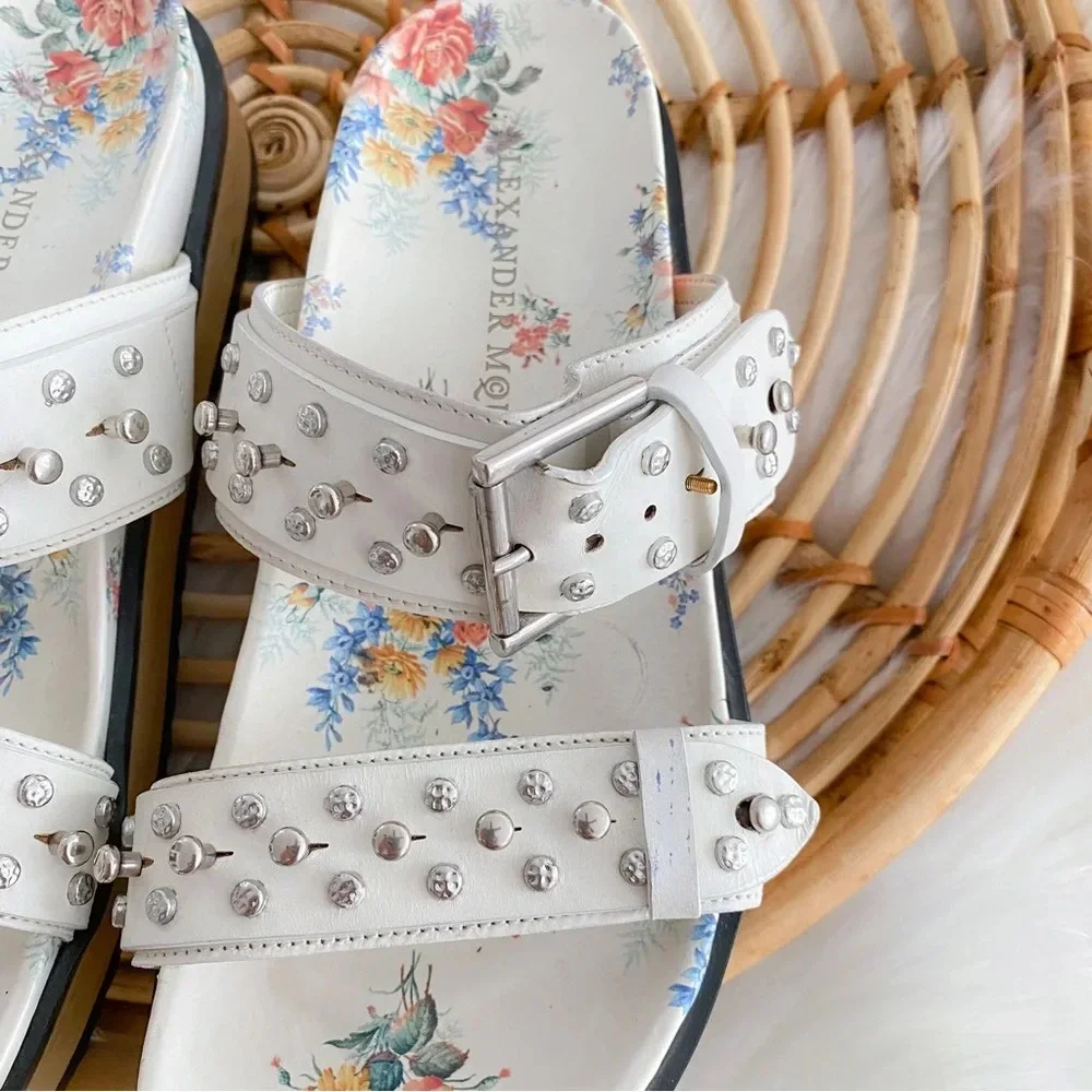 Alexander McQueen Platform Sandals Slides Studded Cream Leather Flower Print